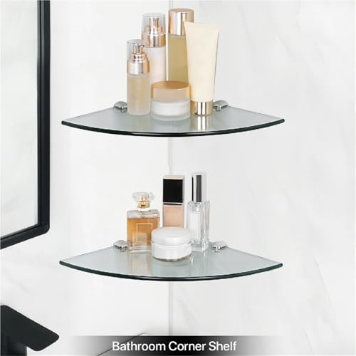 Bathroom Glass Corner Shelf Wall Mounted 7MM Tempered Transparent Glass with Chromed Shelf Brackets