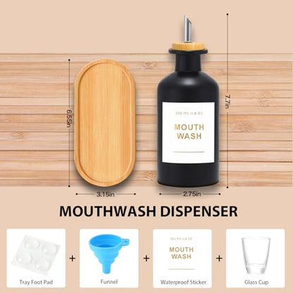 11.8OZ Mouthwash Dispenser, Set of 2 (Black/White) | Bamboo & Stainless Steel Pour Spout, Mouthwash Cups Reusable, Bamboo Tray, Elegant Gold Label - color: Black/White/350*2