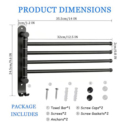Swivel Towel Rack for Bathroom, 4-Arm 180° Rotating Heavy Duty Towel Bar | Wall Mounted Rustproof Swing Out Towel Holder with Hooks for Space Saving (Matte Black)