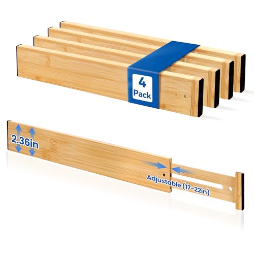 4 Pack 2.36" Bamboo Drawer Dividers, 17-22" Expandable Kitchen Organizers | Adjustable Spring-Loaded Tension Separators with Foam Pad for Clothes, Utensils, Kitchen, Dresser, Nursery & Bathroom - size: 2.36"H, 17-22"L Adjustable
