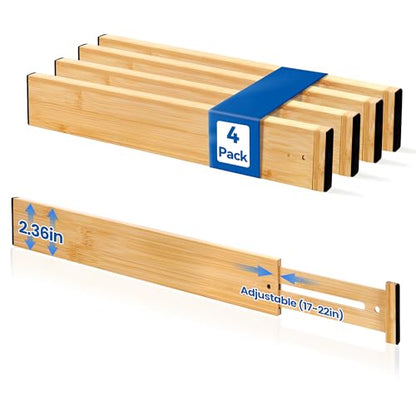 4 Pack 2.36" Bamboo Drawer Dividers, 17-22" Expandable Kitchen Organizers | Adjustable Spring-Loaded Tension Separators with Foam Pad for Clothes, Utensils, Kitchen, Dresser, Nursery & Bathroom - size: 2.36"H, 17-22"L Adjustable