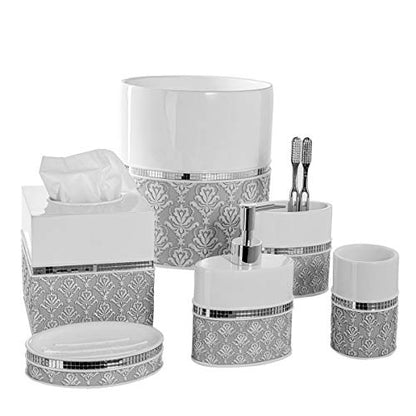 Creative Scents Mirror Damask 6 Piece Resin Bathroom Accessories Set | Includes Trash can, Tissue Box Cover, Soap Dispenser, Toothbrush Holder, Tumbler Cup & Soap Dish - color: 6 Piece Set