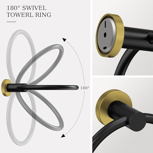 Black and Gold Toilet Paper Holder & Towel Holder Bathroom Hardware Set | SUS304 Stainless Steel Double Post Pivoting Tissue Roll Holder and Hand Towel Ring Set for Bathroom RV by Evolvegoods - color: Black Gold