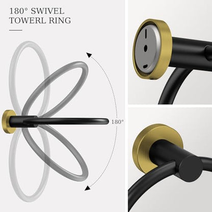 Black and Gold Toilet Paper Holder & Towel Holder Bathroom Hardware Set | SUS304 Stainless Steel Double Post Pivoting Tissue Roll Holder and Hand Towel Ring Set for Bathroom RV by Evolvegoods - color: Black Gold
