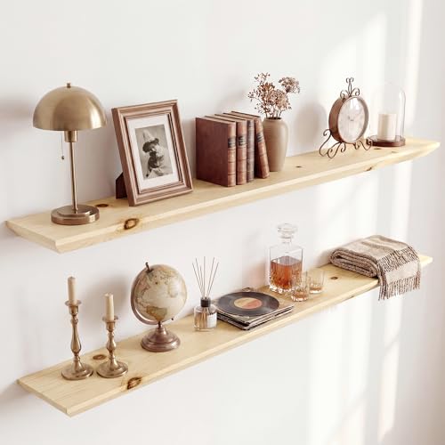 Acovy 48in Solid Spruce Wood Floating Shelves with Beveled Bottom Edges, Wooden Floating Shelf with Heavy-Duty Bracket for Living Room Bathroom Bedroom Kitchen, Rustic Natural, DIY Available, 2 Packs - color: Rustic Natural, size: 48"-2 Packs