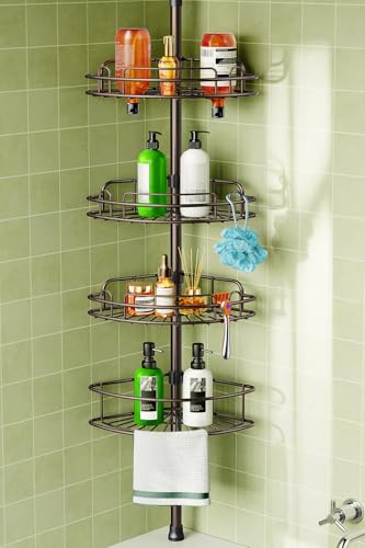 HAMITOR Corner Shower Caddy Tension Pole: 4-Tier Rust-Resistant Adjustable Bathroom Organizer Shelves - 47-121 Inch No-Drill Quick Installation - Space-Saving Storage for Renters Families - Bronze - color: Bronze