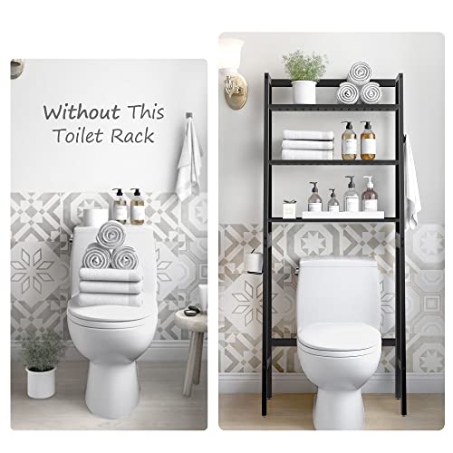 MallKing Over-The-Toilet Storage Rack, Wooden 3-Tier Over-The-Toilet Storage Rack Bathroom Space Saver Organizer, Freestanding Above Toilet with Toilet Paper Holder and Hooks (Black)