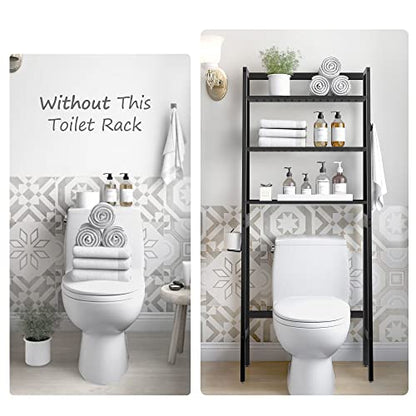 MallKing Over-The-Toilet Storage Rack, Wooden 3-Tier Over-The-Toilet Storage Rack Bathroom Space Saver Organizer, Freestanding Above Toilet with Toilet Paper Holder and Hooks (Black)