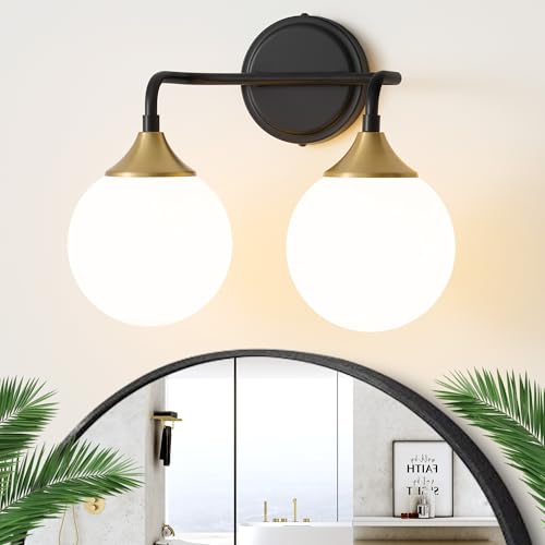 Black Gold Bathroom Light Fixtures Over Mirror Vanity 2-Light | Mid Century Modern Matte Black Gold Wall Sconce with Milky White Glass Ball Shades for for Bathroom Dressing Table Bedroom - color: Black Gold, size: 2-light