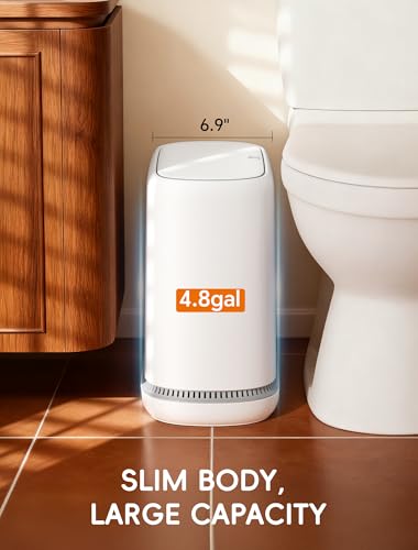 Dog Proof Small Bathroom Trash Can with Lid, Slim Press Top Garbage Can, Narrow White Plastic Waste Basket, for Bathroom Bedroom Office 4.8 Gal with 5 Rolls 75 Trash Bags