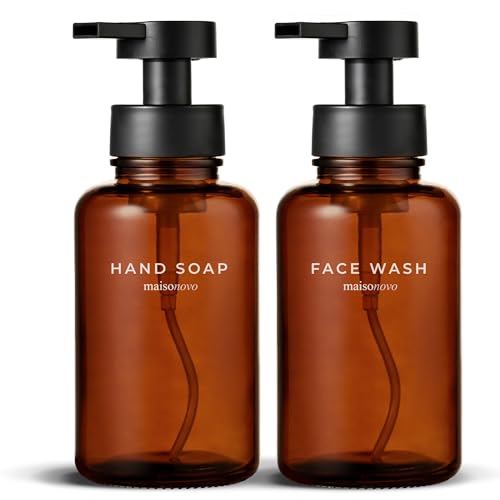 MaisoNovo Glass Foaming Soap Dispenser 14 Oz | Glass Bottles Pumps x 2 Amber - color: Amber Bottles/Black Plastic Pumps