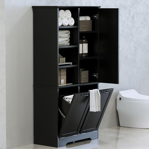 Merax Cabinet with Tilt-Out Laundry Hamper Basket, Tall Bathroom Storage Organizer Linen with Open Shelf for Home, Freestanding, Black - color: Black