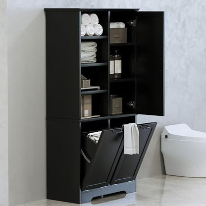 Merax Cabinet with Tilt-Out Laundry Hamper Basket, Tall Bathroom Storage Organizer Linen with Open Shelf for Home, Freestanding, Black - color: Black