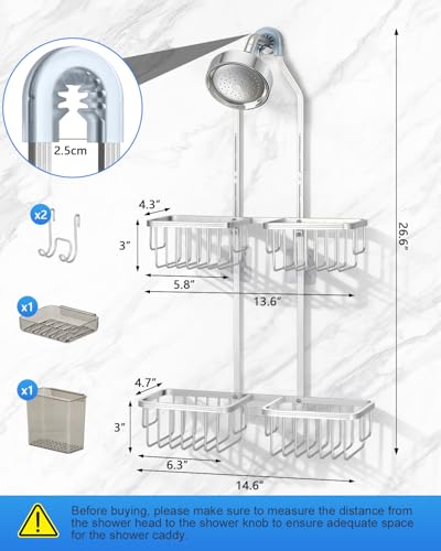 Adjustable Shower Caddy Hanging for Handheld Showerheads - Never Rust Shower Hanging Organizer, Upgraded Bathroom Shower Rack with Soap Basket, Hooks and Toothbrush Holder (Silver) - color: Silver