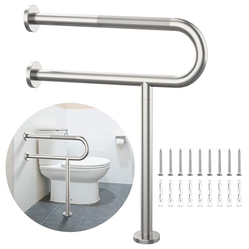24 Inch Toilet Support Rail, Munzong Brushed Nickel Handicap Grab Bar | Anti-Slip Stainless Steel Knurled Safety handrails with Leg for Elderly Disabled Pregnant-1.25’Tube - color: Satin Nickel, size: 24 Inch