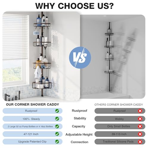 Corner Shower Caddy Tension Pole: Stainless Steel Rustproof 4-Tier Shower Organizer - 47-121 inch Adjustable Bathroom Shelves for Bathtub Shampoo Storage - Tension Rod Floor Standing Bath Rack -Bronze - style: A Style-Bronze