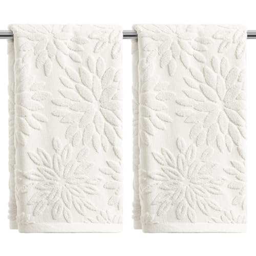 Artoid Mode 2 Pcs White 3D Dahlia Floral Jacquard Hand Towels for Bathroom, 100% Cotton Soft Absorbent Bathroom Decor Towels, 13.7 x 29.5 Inch - color: White, size: 13.7" x 29.5", 2PCS
