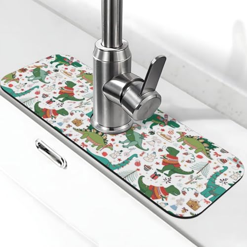 Dinosaur Christmas Happy New Year Kitchen Sink Splash Guard Faucet Mat Super Absorbent Fast Drying Mat Sink Gadgets-Fast Drying Pad Sink Mat For Kitchen Bathroom (15" X 5.5" ) - color: Dinosaur