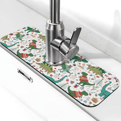 Dinosaur Christmas Happy New Year Kitchen Sink Splash Guard Faucet Mat Super Absorbent Fast Drying Mat Sink Gadgets-Fast Drying Pad Sink Mat For Kitchen Bathroom (15" X 5.5" ) - color: Dinosaur