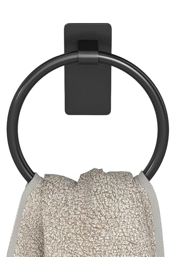 STWWO Hand Towel Holder for Bathroom, Adhesive Round Towel Ring, Black | for Bath RV Kitchen, Self Adhesive No Drill Hole, Easy to Install - color: Black