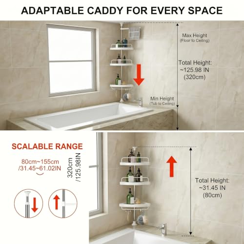 Corner Shower Caddy Tension Pole: 4-Tier Large Capacity Bathroom Organizer Shelf with Towel Bar - Rustproof No-Drill Adjustable, Home Bathtub Stand Rack, White