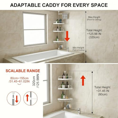 Corner Shower Caddy Tension Pole: 4-Tier Large Capacity Bathroom Organizer Shelf with Towel Bar - Rustproof No-Drill Adjustable, Home Bathtub Stand Rack, White