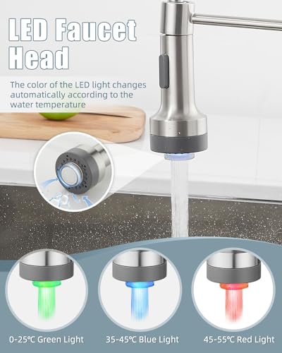 Kitchen Faucet with LED Light,Kitchen Faucet with Soap Dispenser,Faucet for Camper Farmhouse RV Kitchen Sink,Single Handle Stainless Steel Kitchen Sink Faucets with Pull Down Sprayer,Nickel Brushed - color: B-Brushed Nickel, style: Rustic
