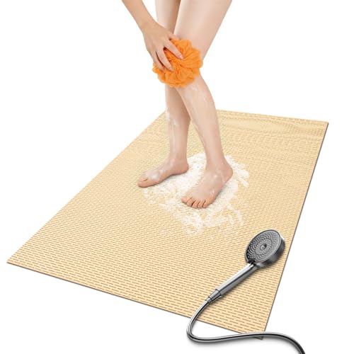 Bathroom Non Slip Shower Mat, Khaki 47x32 Inch Bathtub Mat, Non Slip Bathroom Mat for Elderly and Kids, Easy to Dry, Fast-Dry Drainage Hole, Easy to Prune - color: Khaki, size: 47" x 32" (Rectangular)