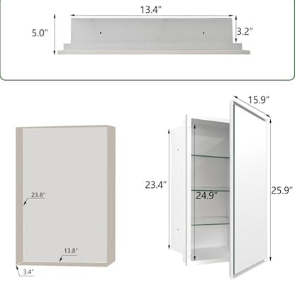 Plastic Medicine Cabinet with Mirror 16x26 inch, Recessed Medicine Cabinet or Surface Wall Mount Bathroom Cabinets with Adjustable Shelves, White Frame Mirror Cabinet - style: CS5003A-1626