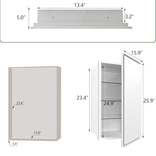 Plastic Medicine Cabinet with Mirror 16x26 inch, Recessed Medicine Cabinet or Surface Wall Mount Bathroom Cabinets with Adjustable Shelves, White Frame Mirror Cabinet - style: CS5003A-1626