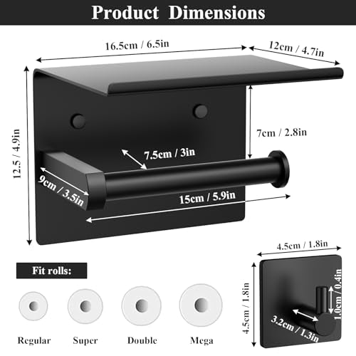 Tindbea Mega Size Toilet Paper Holder with Shelf + Towel Robe Hooks, Adhesive or Screw Wall Mounted Toilet Paper Roll Holder, Stainless Steel Bathroom Hardware Set (Matte Black)… - color: Matte Black, size: Large