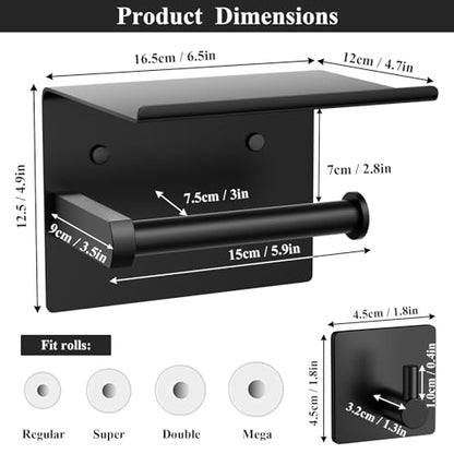 Tindbea Mega Size Toilet Paper Holder with Shelf + Towel Robe Hooks, Adhesive or Screw Wall Mounted Toilet Paper Roll Holder, Stainless Steel Bathroom Hardware Set (Matte Black)… - color: Matte Black, size: Large