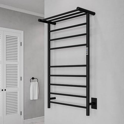 ANZZI Eve Modern 8-Bar Wall Mounted Towel Warmer with Top Shelf in Matt Black, Energy Efficient 93W Electric Plug in Heated Towel Rack, Towel Heater Rail with On/Off Switch, TW-AZ012MBK - color: Matte Black