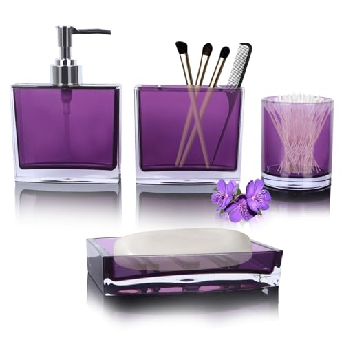 LGURT 4-Pc Purple Bathroom Accessories Set — Dispenser, Holder, Dish & Cup | Acrylic, Decor Vanity, Countertop Essential, Gift-Ready Dark Purple Set - color: Classic Purple
