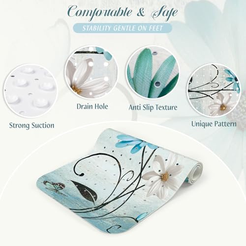 SHUCHING Turquoise Bath Mat for Tub Non Slip-40x16 Inch, Flower | Bathtub Mat for Elderly& Women Mold Free, Long Shower Mat for Inside Shower with Suction Cup, Machine Washable - color: Rustic Daisy