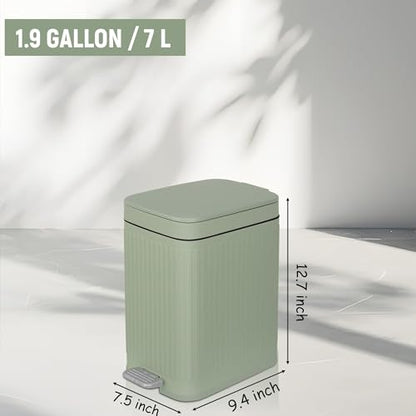 rejomiik Small Bathroom Trash Can with Lid Slim Soft Close Garbage Can Step Wastebasket Container Trash Bin for Office Bedroom Kitchen Living Room (1.9 Gallon Light Green) | Garbage Can with Pedal for Office, Bedroom, Kitchen & Living Room, Narrow Plastic