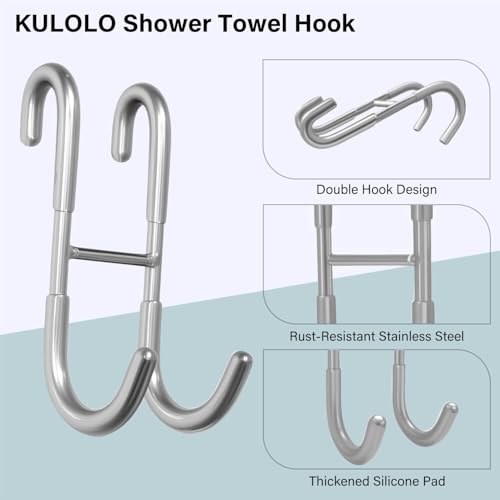 Shower Door Hooks for Towels & Squeegee - No Drill Bathroom Hooks for Frameless Glass Door, Shiny Silver Stainless Steel with Anti-Slip Rubber (2 Pack)