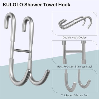 Shower Door Hooks for Towels & Squeegee - No Drill Bathroom Hooks for Frameless Glass Door, Shiny Silver Stainless Steel with Anti-Slip Rubber (2 Pack)