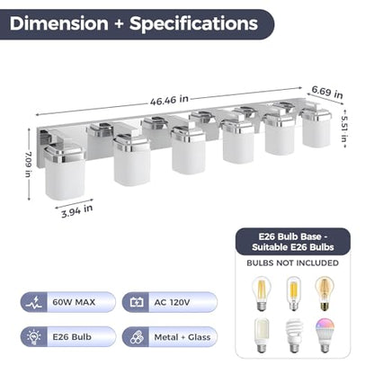 45 Inches Bathroom Vanity Light, 6-Light Chrome Bathroom Light Fixtures Over Mirror, Bathroom Light Shower Lamp with Milky White Square Glass Shade, Modern Farmhouse Lighting Fixtures - color: Chrome, size: 45 Inch : 6-lights