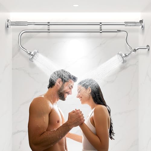 OURBAOFU Tandem Shower Heads, Double Shower Head for Couples, Dual Shower Head System for Two People, High Pressure and Adjustable Double Shower Heads (Silver) | Double Shower Head High Water Pressure,Adjustable 360° Rotation,48–78 In for bathrooms,Stainl
