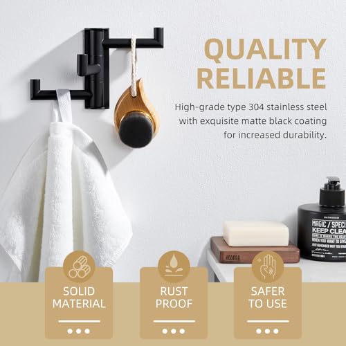 Angle Simple Swivel Towel Hook 3 Arms, Robe Coat Wall Hook, Matte Black | SUS304 Stainless Steel, Foldable Hand Bath Towel Holder for Bathroom Kitchen Closet, Sturdy Space Saver, Screws Mounted - color: Matte Black, size: 1 Pack