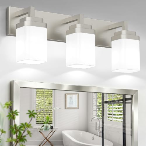 Brushed Nickel Bathroom Light Fixtures, Modern Vanity Lights with White Glass Lamp Shade, Bathroom Lighting Fixtures Over Mirror, Restroom Vanity Lighting Fixture, 3-Light 22 Inch - color: Nickel, size: 3-Light