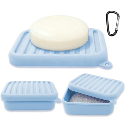 Silicone Travel Soap Case with Lid & Drain Tray, Leakproof, for Travel | Food-grade silicone, Leakproof seal, Built-in hook, Removable drain pad doubles as soap holder, For gym, travel, camping - color: Blue