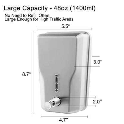 Wall Mount Stainless Steel Soap Dispenser Bathroom, 48oz (1400ml) | Commercial Wall Mounted Metal Liquid Refillable Hand Soap Dispenser