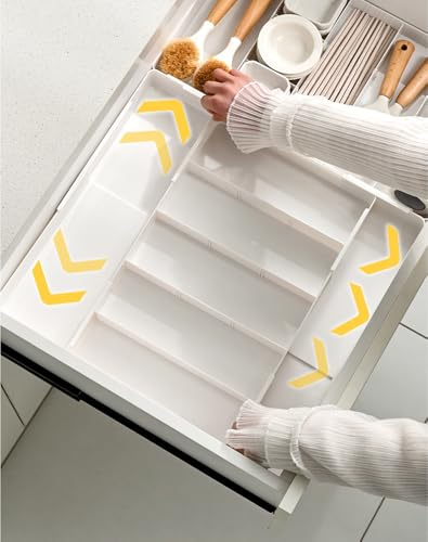 Retractable Drawer Storage Box - 6 Detachable Dividers with 2.04 Inch Shallow Drawer Height PET for Kitchen Utensils, Cosmetics, Office Supplies Storage (10.43 Inch L,20.27 Inch) - color: White