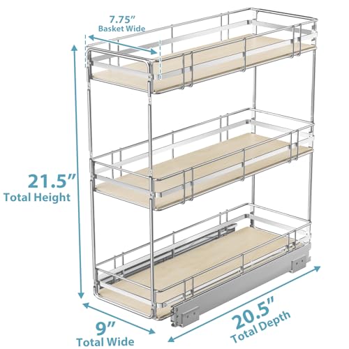 Pull Out Spice Rack Cabinet Organizer 9" W x 20½" D, 3 Tier Heavy Duty Slide Out Wood Shelf for Narrow Cabinet, Pull Out Storage for Kitchen - size: 9" W x 20½" D