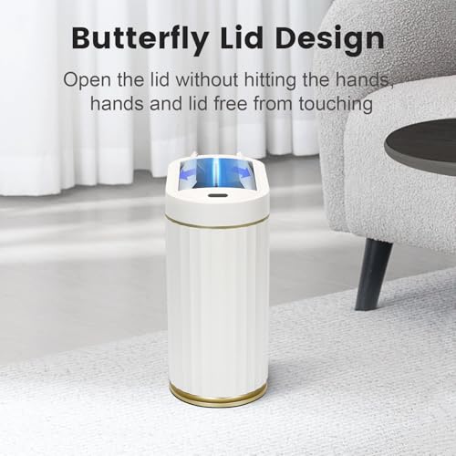 SYNCVIBE Bathroom Sensor Trash Can, 2 Gallon, Butterfly Lid, White Gold | Automatic Garbage Can, IPX5 Waterproof Slim Trash Bin, Under-Counter Wastebasket for Bedroom, Ling Room and Kitchen - color: Golden