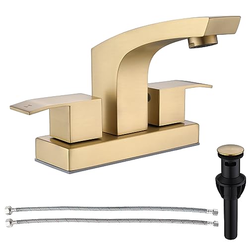 2 Hole Bathroom Sink Faucet Centerset Brushed Gold 2 Handle Modern | Stainless Steel Faucet for Bathroom Sink with Pop Up Drain Assembly and cUPC Supply Lines, 4 in Center Set Matte Gold - color: Brushed Gold, size: 4 Inch Centerset