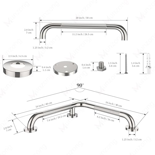 16x16 Inch Angled Bathroom Grab Bar, Munzong Brushed Nickel Toilet Rail | Toilet Handicap Grab Rail for Showers Anti Slip Stainless Steel Knurled Safety Handle Support Elderly Injury Senior - color: Chrome