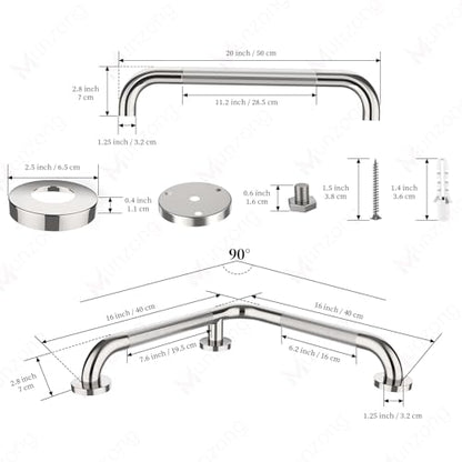 16x16 Inch Angled Bathroom Grab Bar, Munzong Brushed Nickel Toilet Rail | Toilet Handicap Grab Rail for Showers Anti Slip Stainless Steel Knurled Safety Handle Support Elderly Injury Senior - color: Chrome